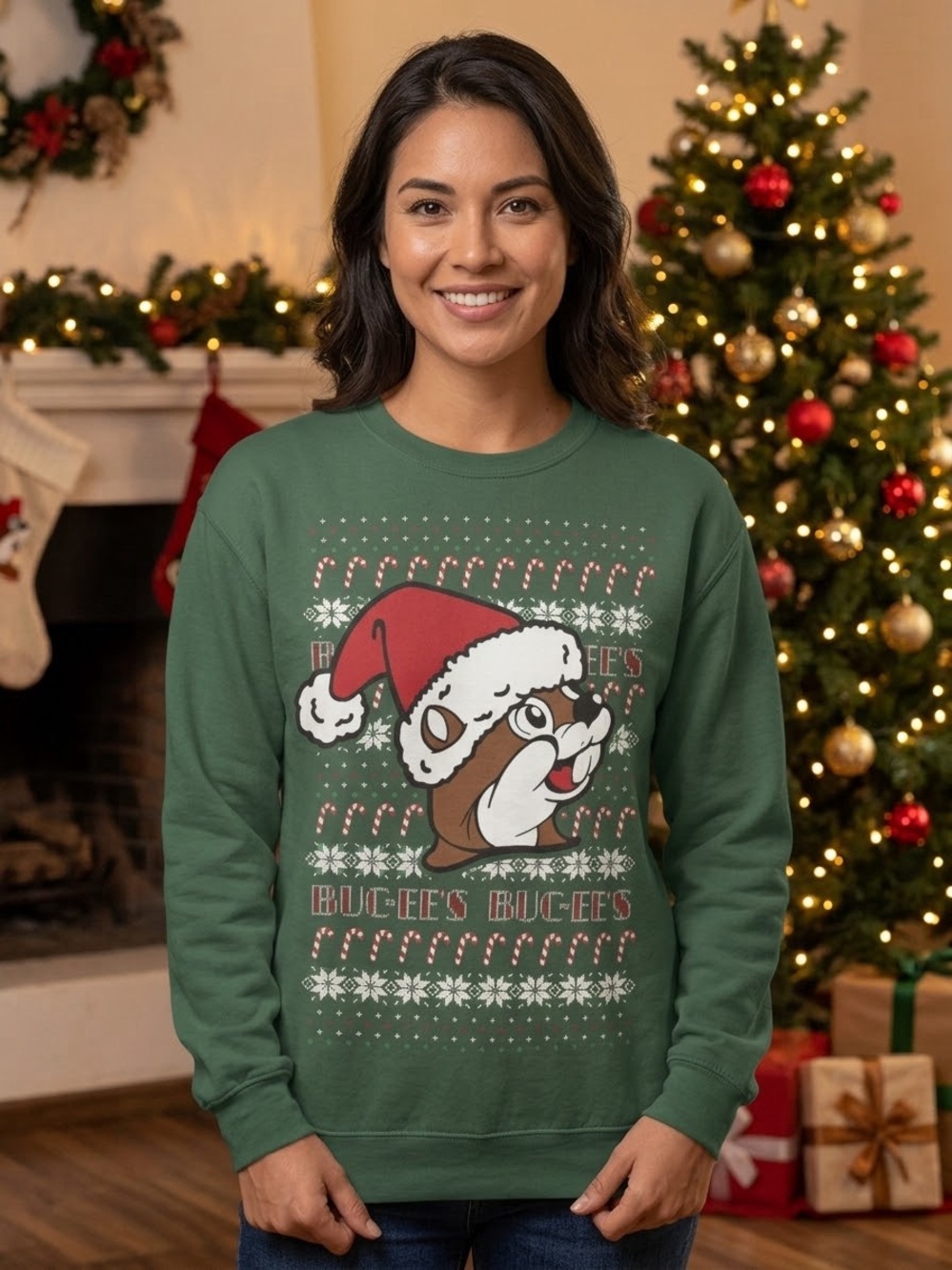 BUCC-EE'S Green Beaver Christmas Sweatshirt Top Women's Size M Ugly Sweater